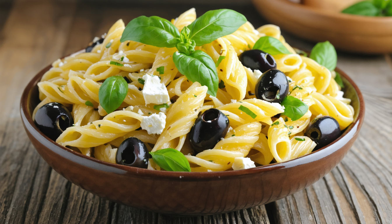 découvrez une salade fraîche et savoureuse alliant pâtes froides, olives noires juteuses et feta fondante pour un repas léger et gourmand.
