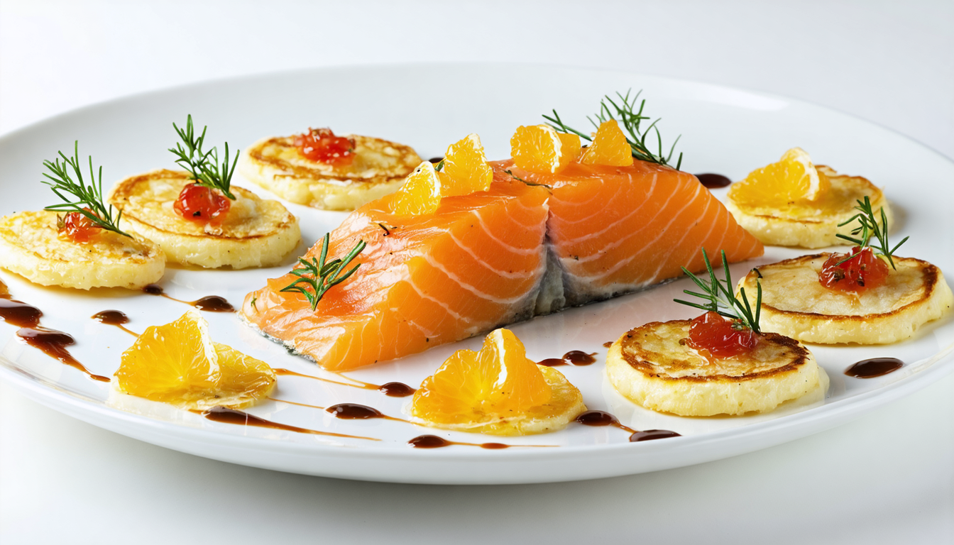 découvrez notre recette délicieuse de saumon gravelax aux agrumes, servi avec des blinis moelleux à la pomme de terre pour un équilibre parfait entre fraîcheur et douceur.