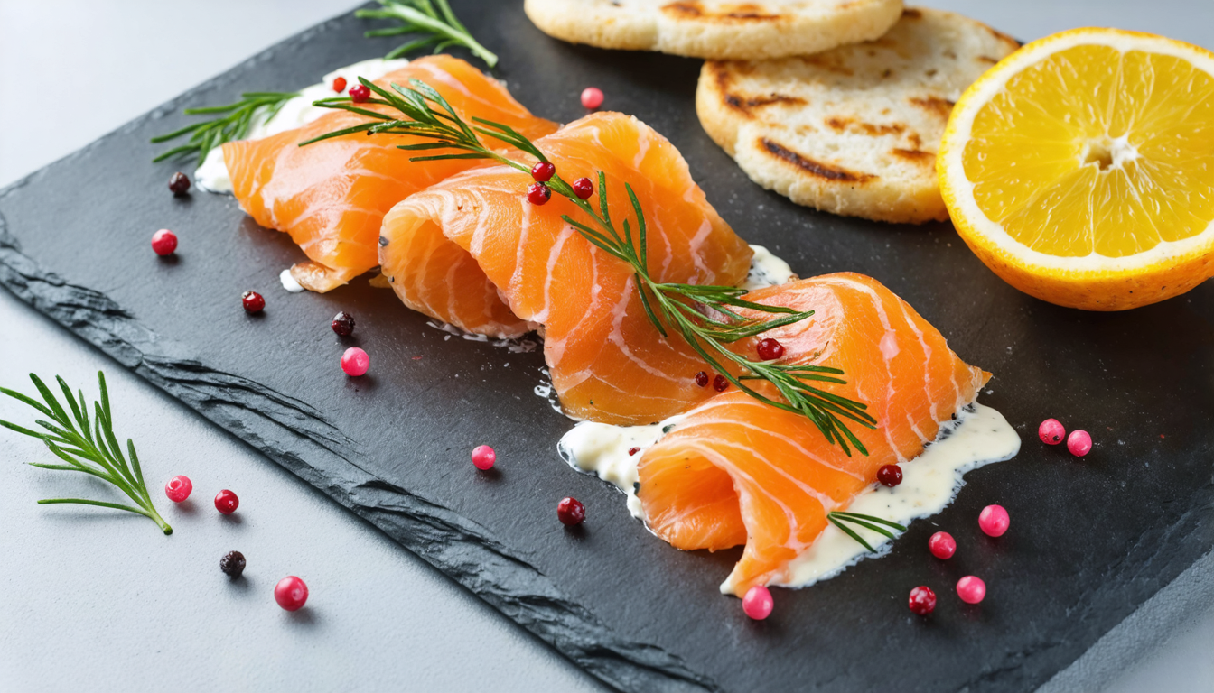 découvrez notre recette raffinée de saumon gravelax aux agrumes, servi avec des blinis moelleux réalisés à base de pommes de terre pour un mariage parfait de saveurs.