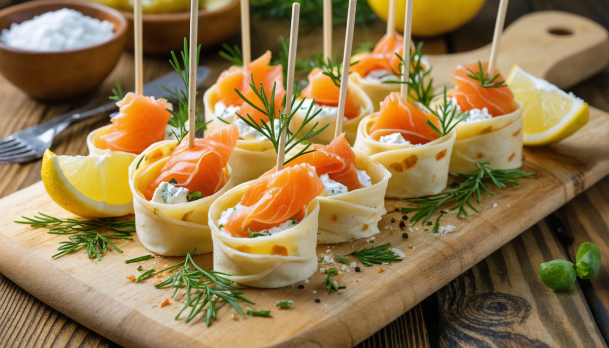 découvrez nos sucettes gourmandes : de délicieuses crêpes légères garnies de saumon fumé et de fromage frais, parfaites pour un apéritif savoureux et élégant.