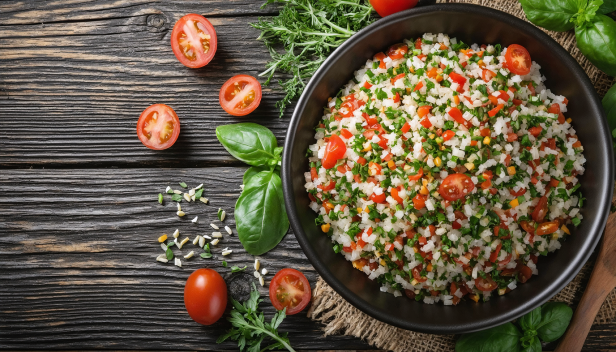 découvrez notre taboulé végétal frais, mêlant tomates cerises juteuses et herbes aromatiques pour une salade légère et savoureuse, parfaite pour l'été.