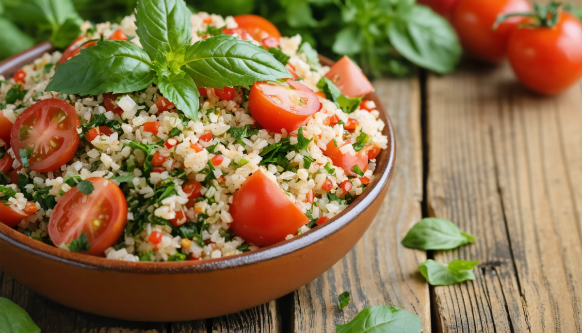 découvrez un taboulé végétal frais aux tomates cerises juteuses et aux herbes aromatiques parfumées, parfait pour une salade saine et savoureuse.