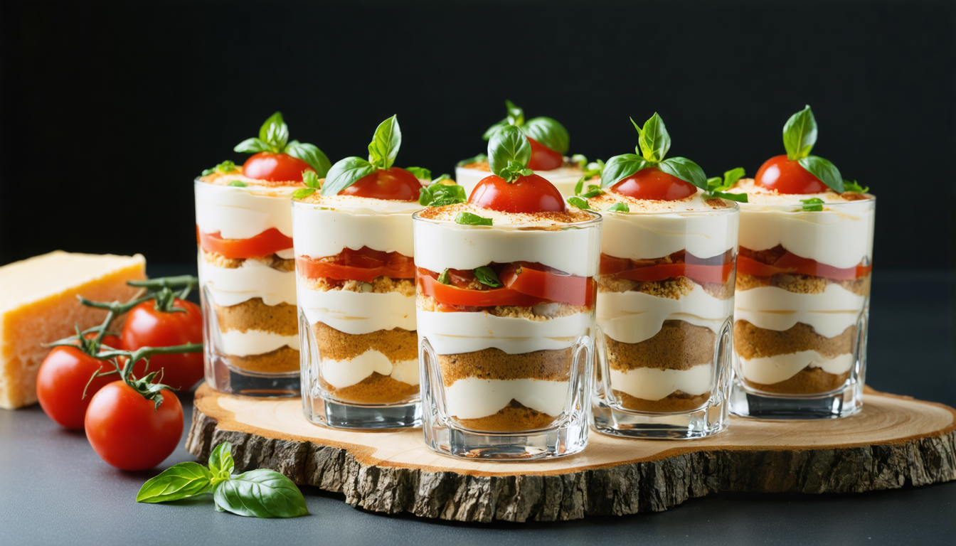 découvrez notre tiramisu salé en verrines, une recette originale alliant la douceur de la tomate et la fraîcheur du fromage frais pour une entrée gourmande et innovante.