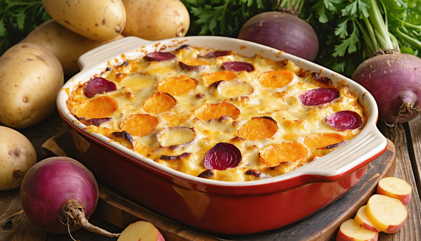 découvrez un gratin fondant et irrésistible alliant pommes de terre, patates douces et betteraves pour un trio savoureux et réconfortant, parfait pour vos repas gourmands.