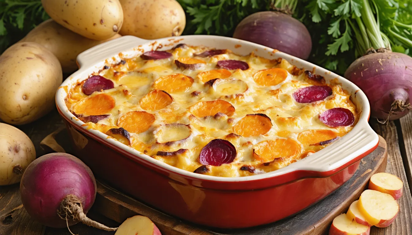 découvrez un gratin fondant et irrésistible alliant pommes de terre, patates douces et betteraves pour un trio savoureux et réconfortant, parfait pour vos repas gourmands.