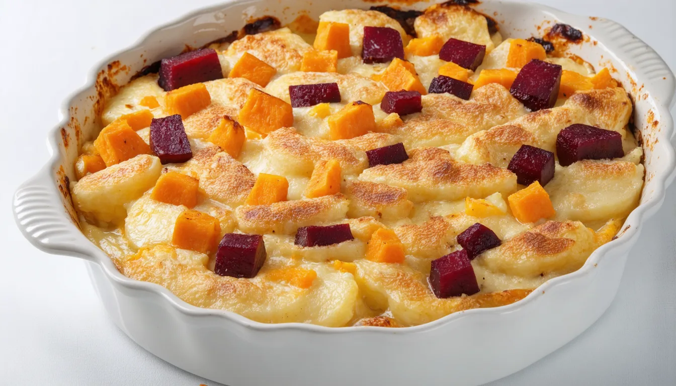 découvrez un gratin fondant et irrésistible alliant pommes de terre, patates douces et betteraves pour un trio savoureux et original qui ravira vos papilles.