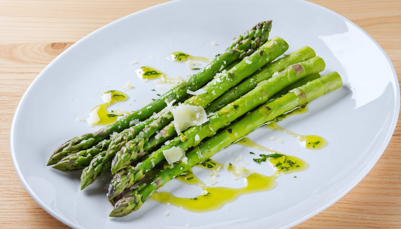 découvrez des asperges légères servies avec une vinaigrette délicate et parsemées d'éclats de parmesan pour une touche gourmande et raffinée.