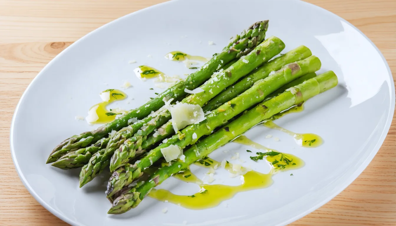 découvrez des asperges légères servies avec une vinaigrette délicate et parsemées d'éclats de parmesan pour une touche gourmande et raffinée.