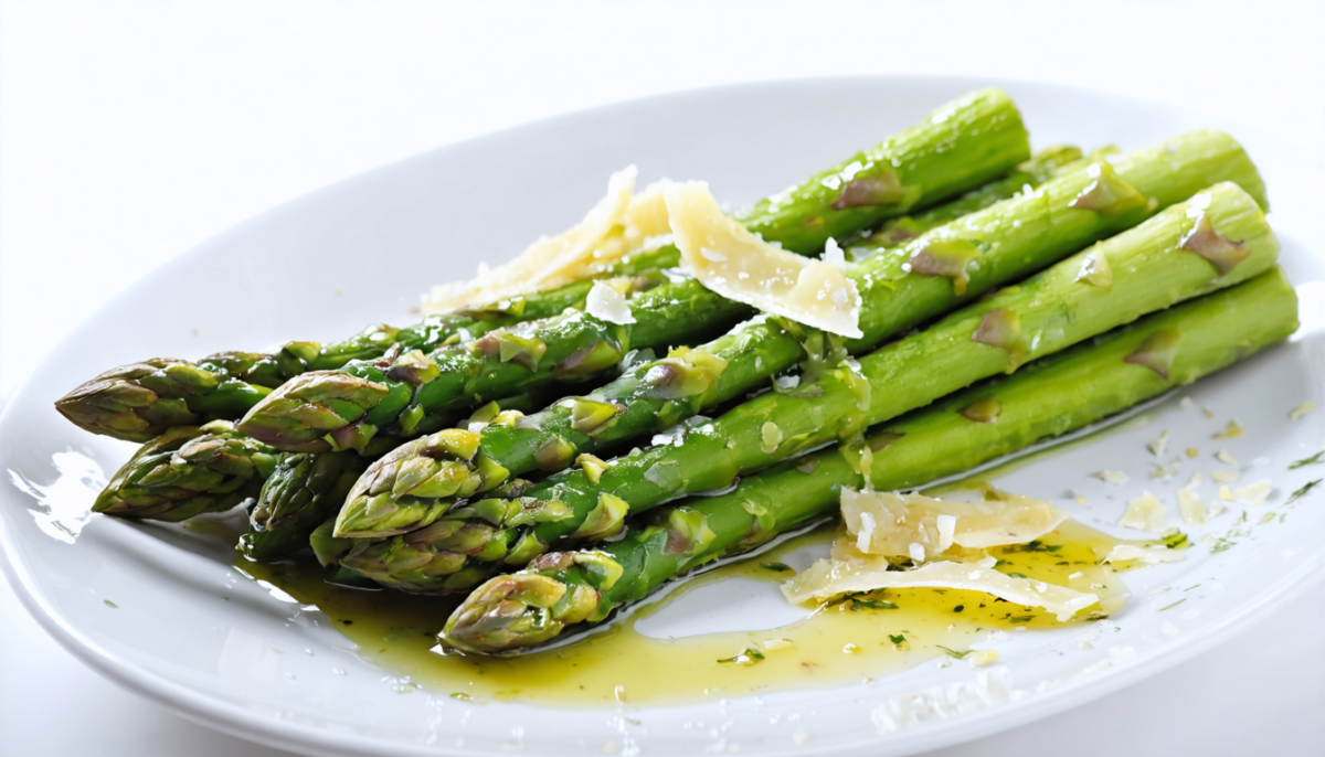 découvrez des asperges légères, sublimées par une vinaigrette délicate et parsemées d'éclats de parmesan pour une saveur raffinée et gourmande.