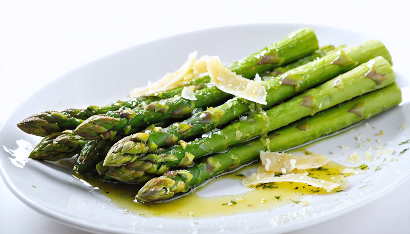 découvrez des asperges légères, sublimées par une vinaigrette délicate et parsemées d'éclats de parmesan pour une saveur raffinée et gourmande.