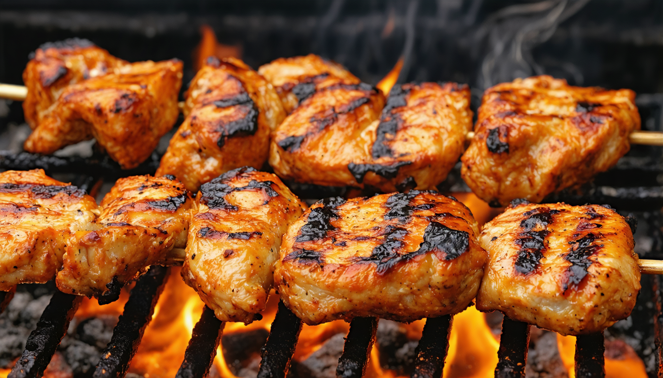 découvrez nos brochettes de poulet tandoori savoureuses, accompagnées d'une sauce onctueuse au chèvre frais, pour une explosion de saveurs authentiques et gourmandes.