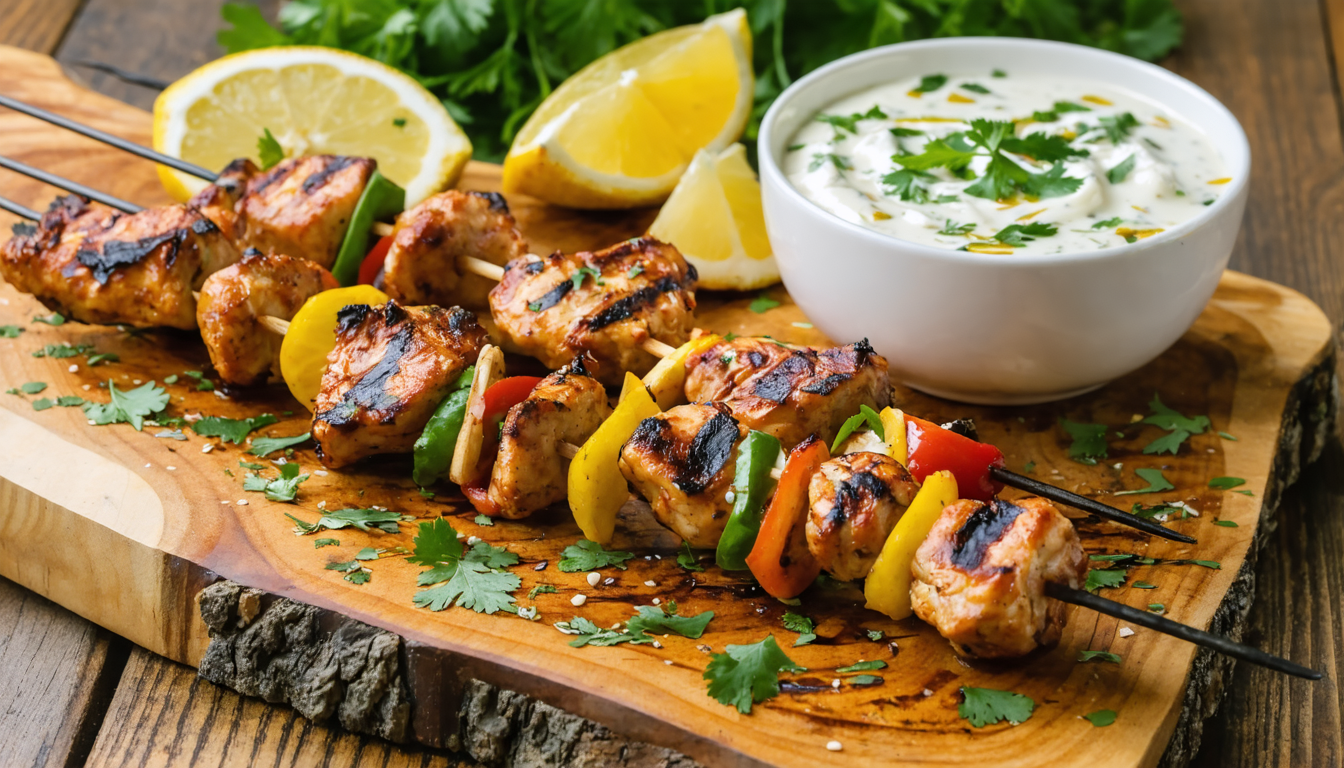 découvrez nos brochettes de poulet tandoori, délicieusement parfumées, servies avec une sauce au chèvre frais onctueuse pour une explosion de saveurs en bouche.