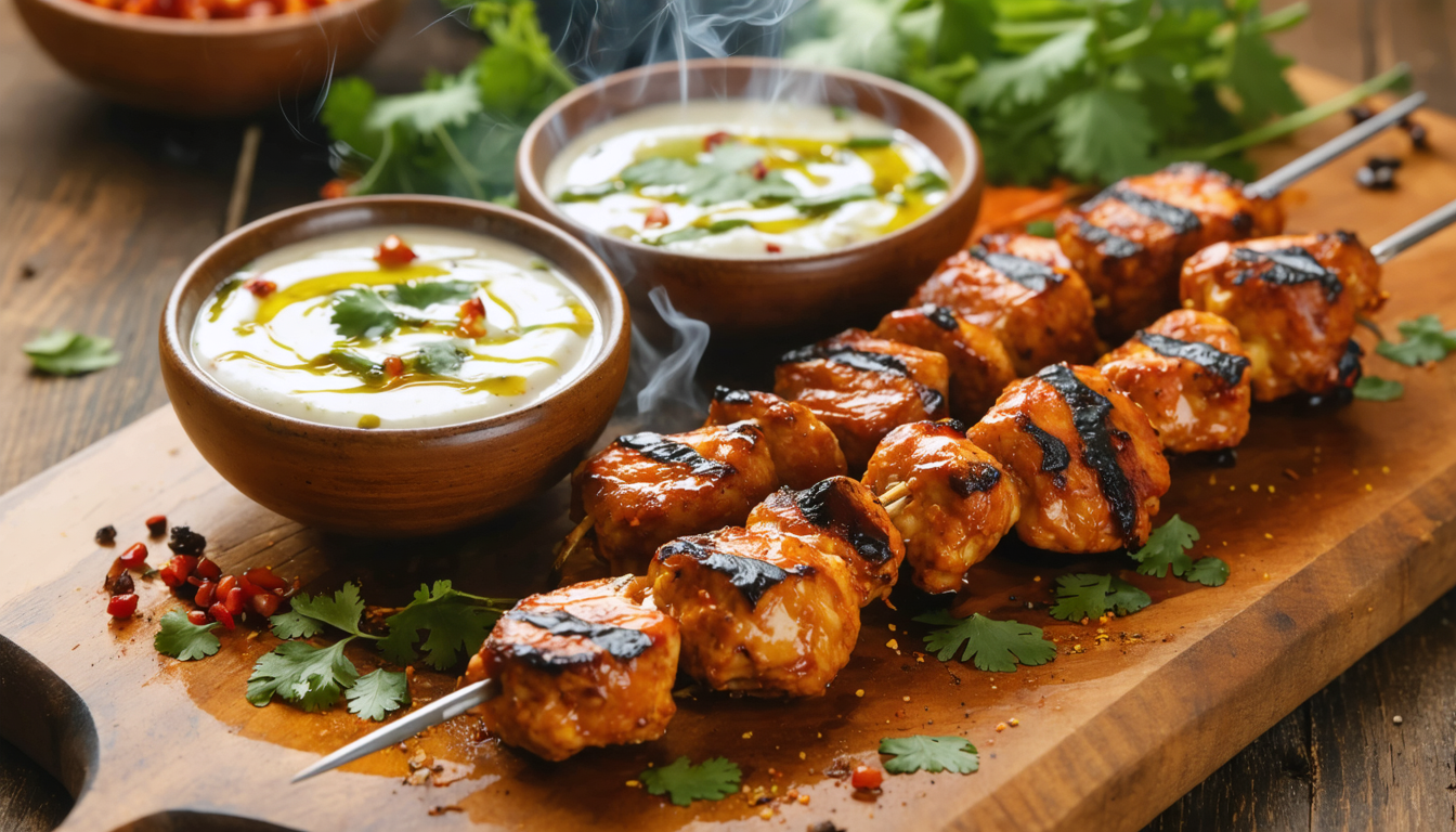 découvrez nos brochettes de poulet tandoori servies avec une sauce au chèvre frais onctueuse, pour une explosion de saveurs riches et délicates.