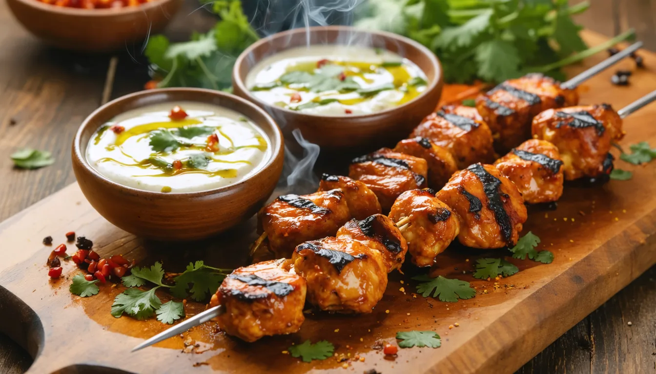 découvrez nos brochettes de poulet tandoori servies avec une sauce au chèvre frais onctueuse, pour une explosion de saveurs riches et délicates.