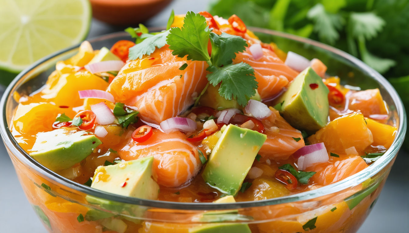 découvrez notre recette de ceviche au saumon et avocat, une explosion de fraîcheur et de saveurs qui ravira vos papilles à chaque bouchée.