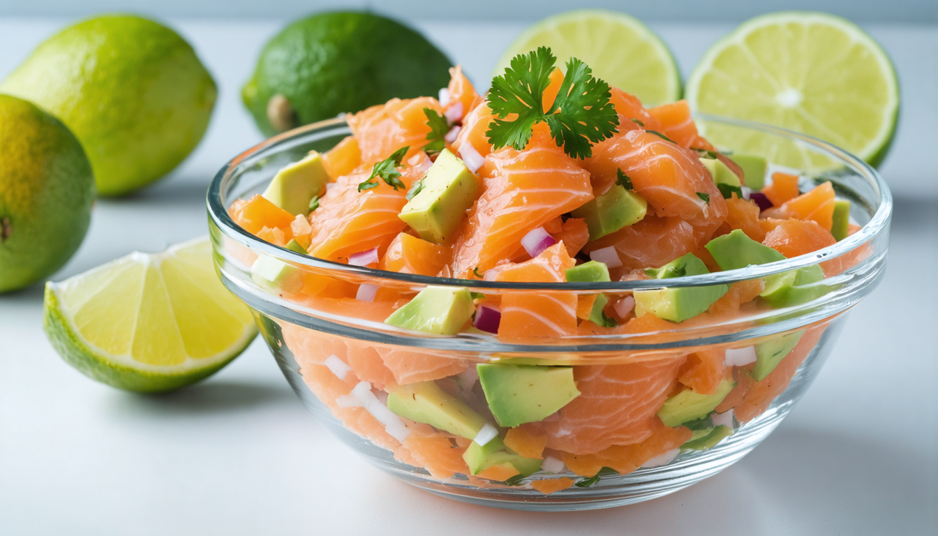 découvrez notre recette de ceviche au saumon et avocat, une délicieuse combinaison fraîche et savoureuse qui éveillera vos papilles à chaque bouchée.