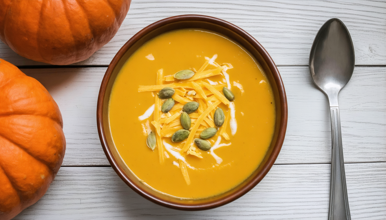savourez l'automne avec notre délicieuse soupe épicée de potiron, rehaussée de fromage fondant pour une expérience gourmande et réconfortante.