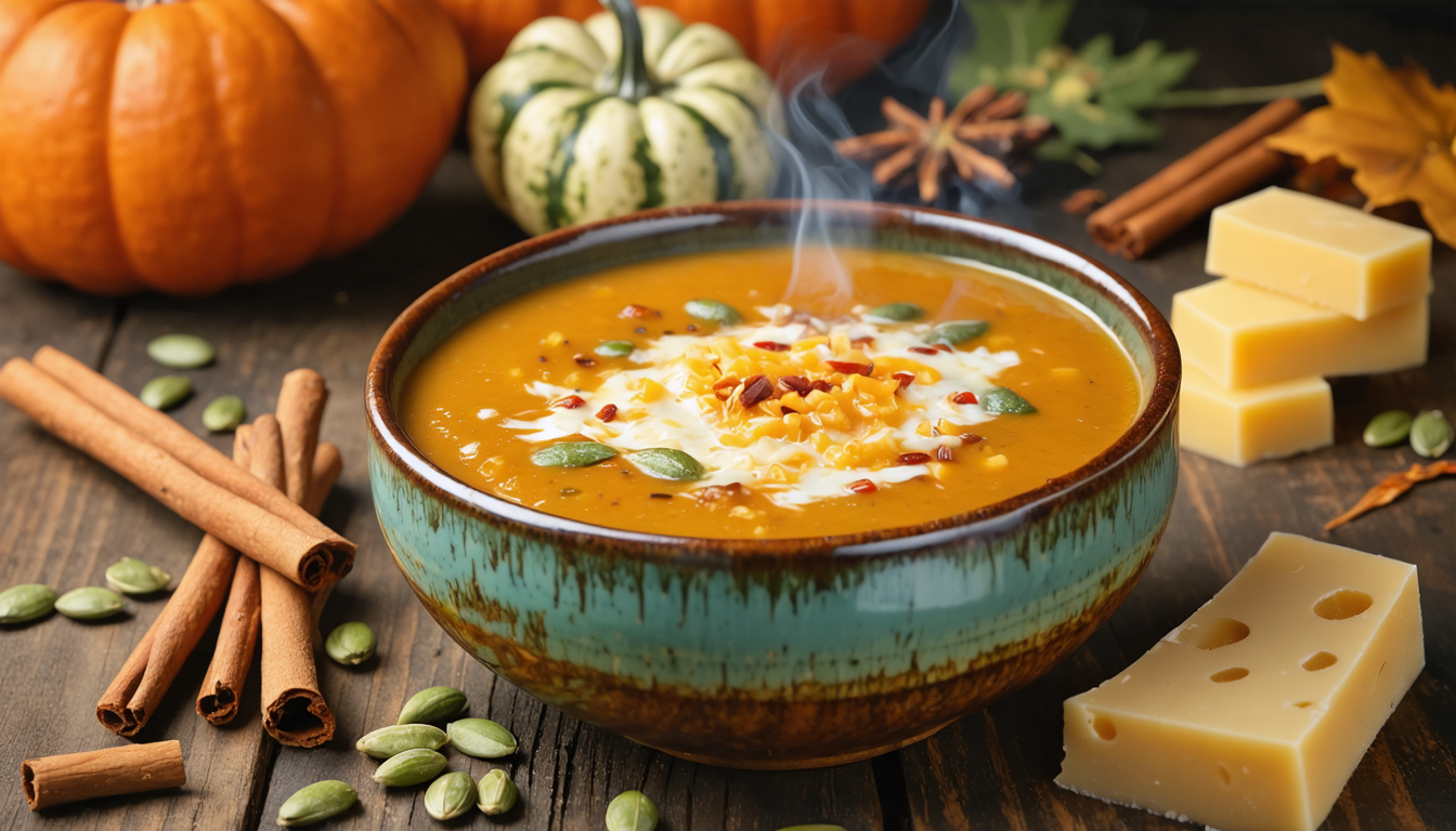 savourez l'automne avec notre soupe épicée de potiron au fromage fondant, une recette réconfortante et gourmande parfaite pour les soirées fraîches.