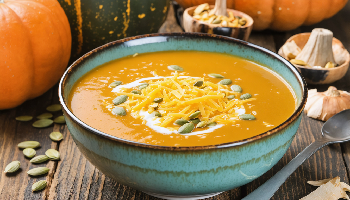 savourez l'automne avec notre soupe épicée de potiron au fromage fondant, un délice réconfortant et gourmand aux saveurs chaleureuses.