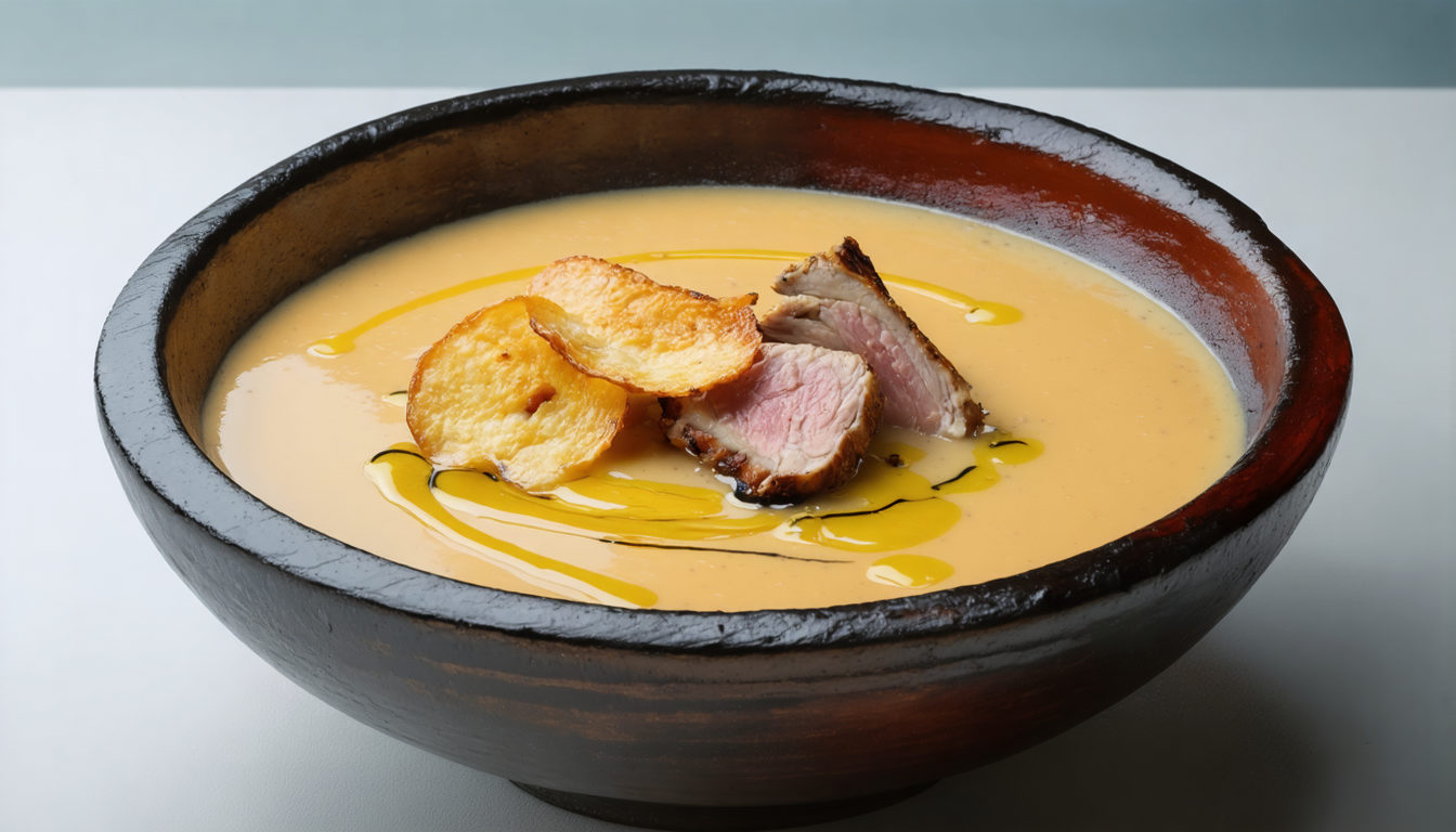 découvrez notre velouté de topinambours onctueux, sublimé par des chips de magret séché croustillantes et un fromage fondant, pour un délice automnal réconfortant et raffiné.