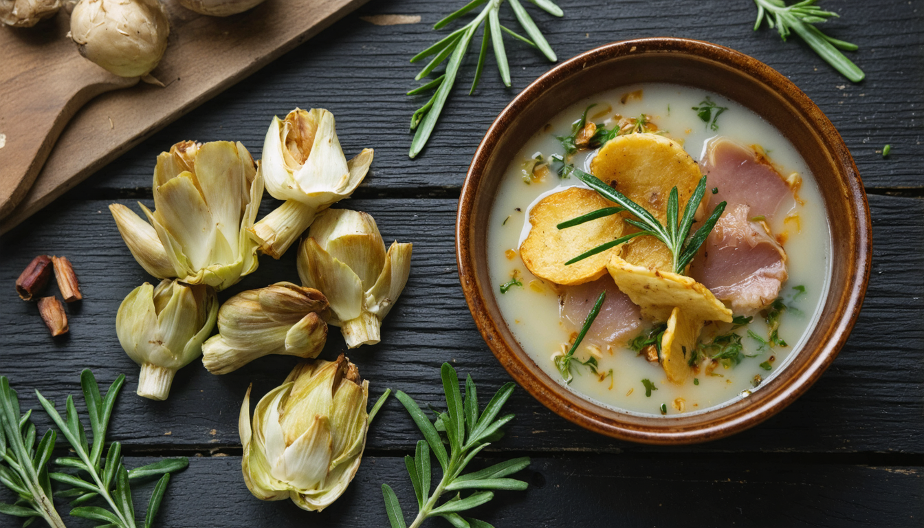 découvrez notre recette automnale de velouté de topinambours accompagné de chips de magret séché et de fromage fondant, pour un plat chaleureux et raffiné.