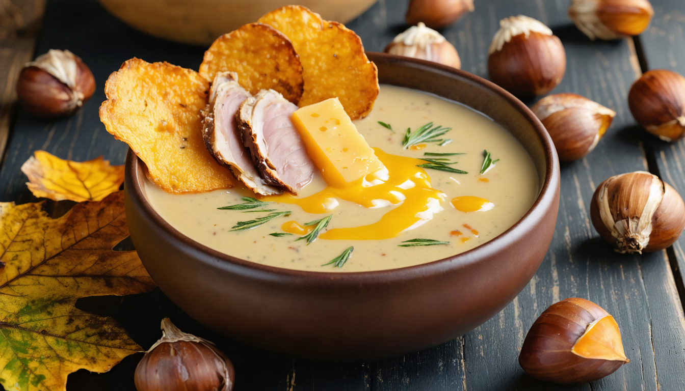 savourez un velouté de topinambours onctueux agrémenté de chips croustillantes de magret séché et de fromage fondant pour une expérience culinaire automnale délicieuse et raffinée.