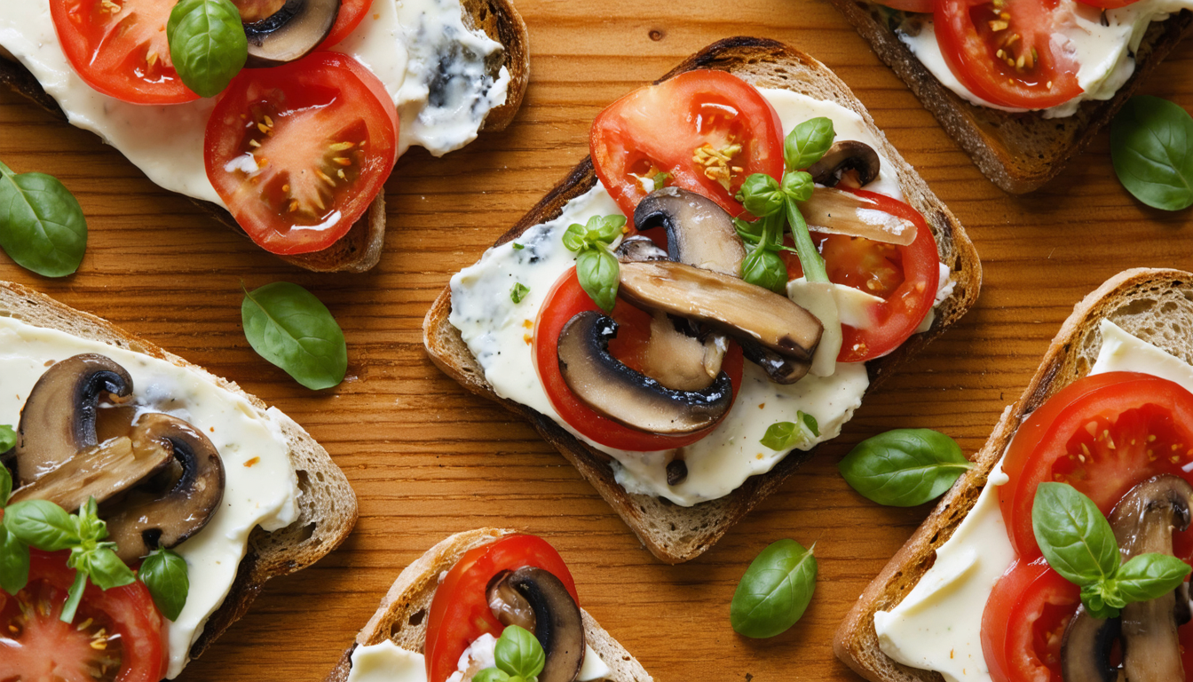 découvrez nos tartines gourmandes délice croquant, généreusement garnies de tomates fraîches, champignons sautés savoureux et fromage frais onctueux, pour un plaisir croquant et fruité à chaque bouchée.