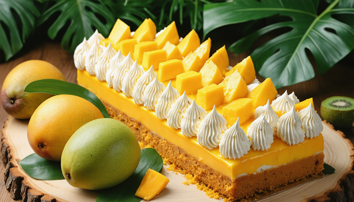 découvrez notre délice exotique, une bûche gourmande mariant la douceur du fromage frais à la fraîcheur estivale de la mangue, pour une explosion de saveurs délicates et fruitées.