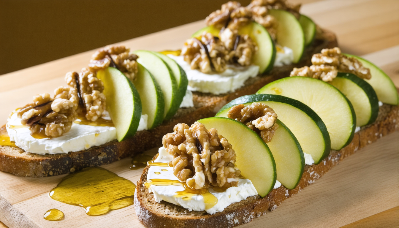 découvrez la recette savoureuse de la tartine gourmande délice frais, alliant la douceur de la pomme, la fraîcheur de la courgette et le goût raffiné du fromage de chèvre. parfaite pour une pause déjeuner légère et délicieuse.