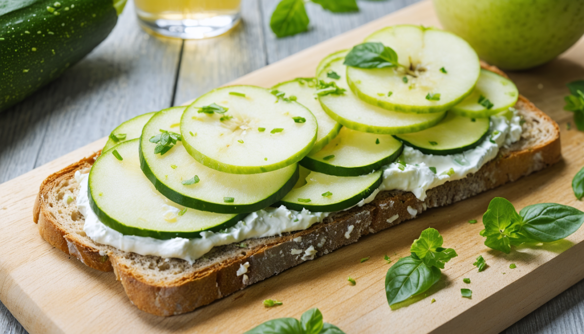 découvrez notre tartine gourmande « délice frais » alliant la douceur de la pomme, la fraîcheur de la courgette et la richesse du fromage de chèvre pour une expérience savoureuse et équilibrée.