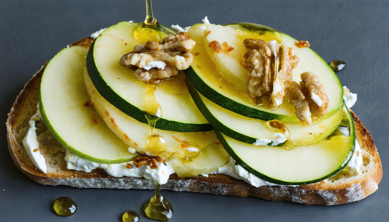 découvrez la tartine gourmande délice frais, alliant la douceur de la pomme, la fraîcheur de la courgette et le crémeux du fromage de chèvre pour un plaisir sain et savoureux.