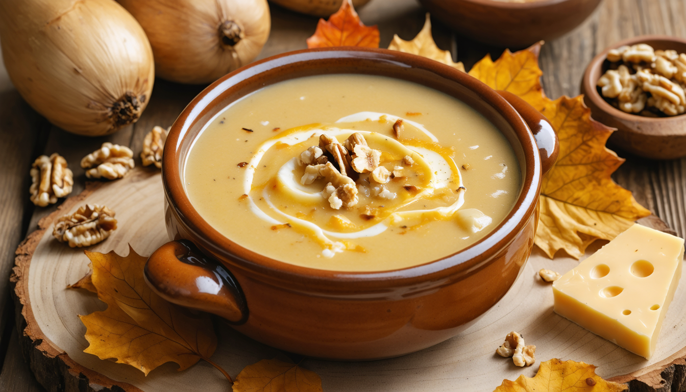savourez une soupe onctueuse de topinambours au fromage, agrémentée de noix croquantes, parfaite pour réchauffer vos soirées d'automne avec douceur et gourmandise.
