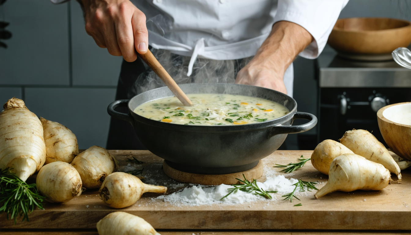 savourez l'automne avec cette soupe onctueuse de topinambours, relevée au fromage fondant et agrémentée de noix croquantes pour une expérience gourmande et réconfortante.