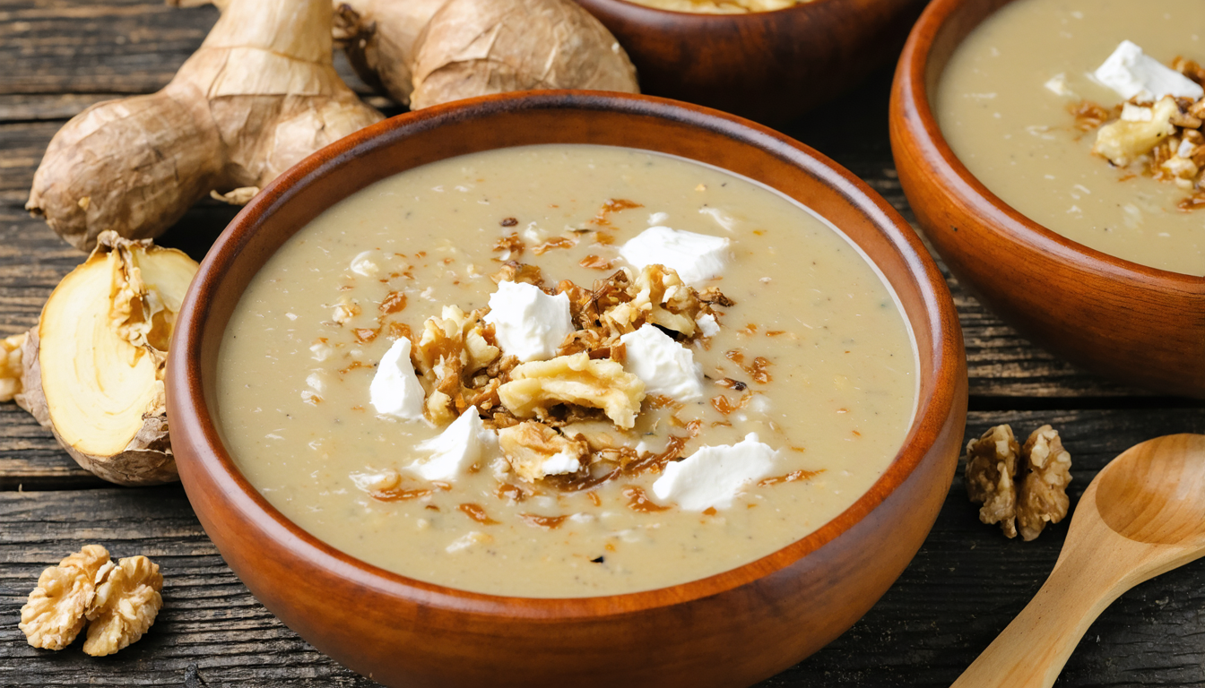 savourez l'automne avec notre soupe onctueuse de topinambours enrichie de fromage fondant et de noix croquantes pour une expérience réconfortante et gourmande.