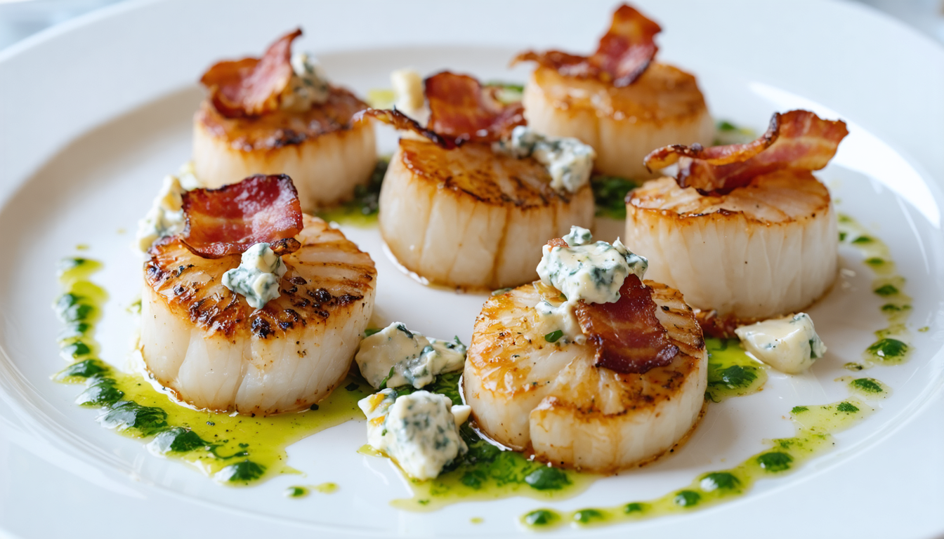 découvrez notre recette gourmande de coquilles saint-jacques nappées de fromage bleu fondant et entourées de lard croustillant, un délice à savourer en toute occasion.