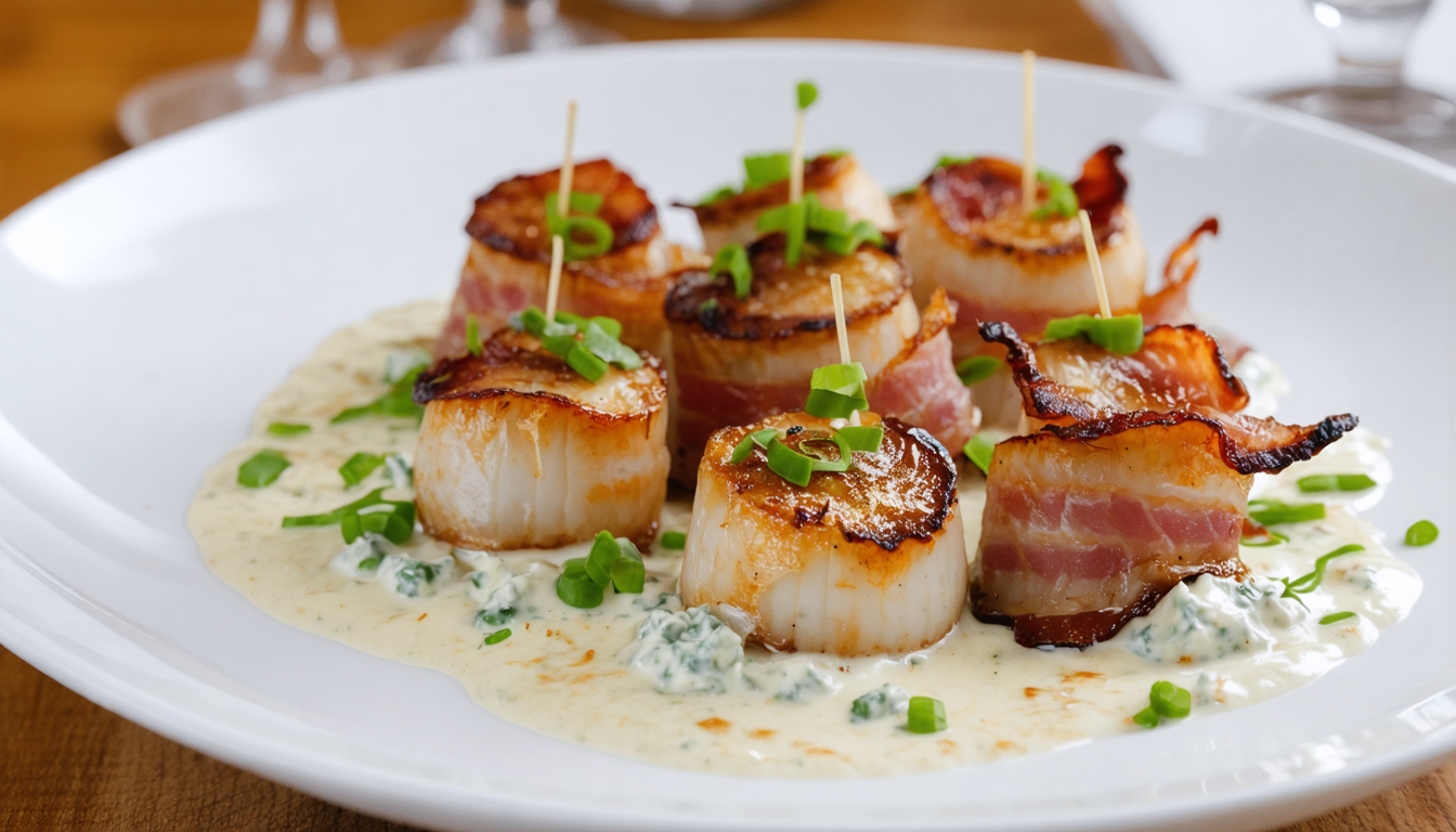 découvrez notre recette gourmande de coquilles saint-jacques accompagnées de lard croustillant et de fromage bleu fondant, un délice à savourer pour un repas raffiné.