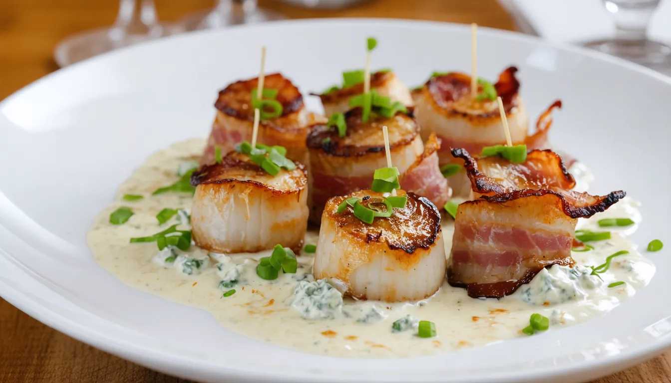 découvrez notre recette gourmande de coquilles saint-jacques accompagnées de lard croustillant et de fromage bleu fondant, un délice à savourer pour un repas raffiné.