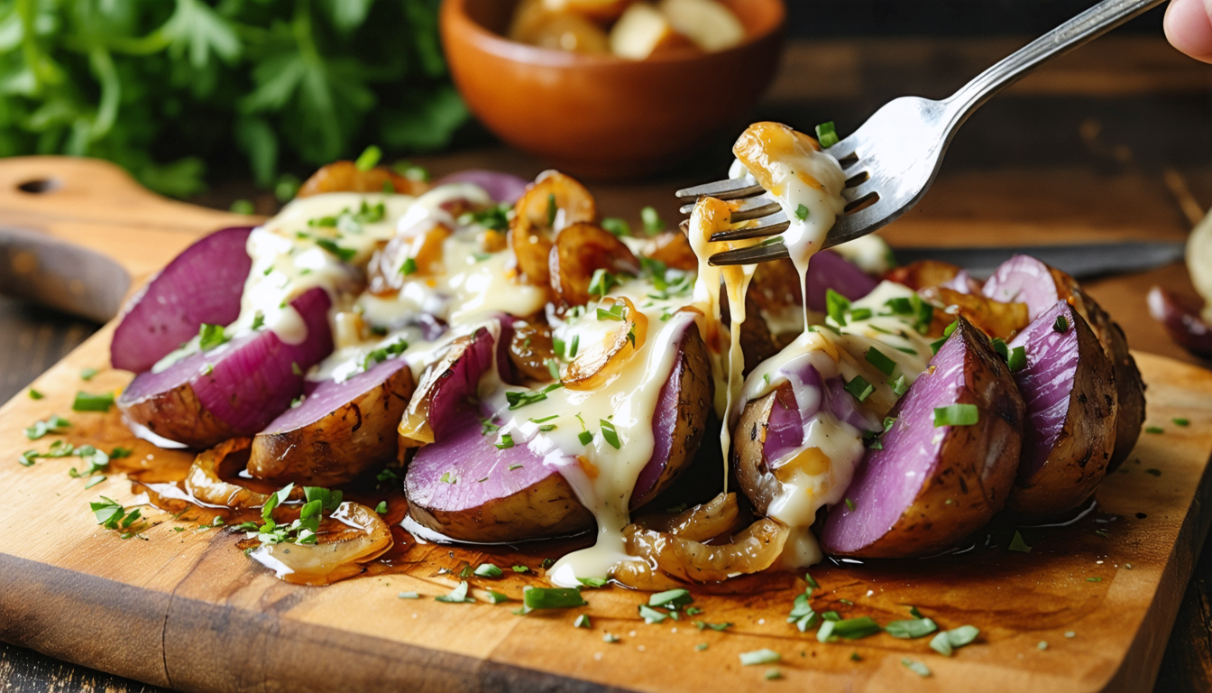 savourez un délice de raclette revisité avec des oignons rouges caramélisés et des pommes de terre vitelottes, pour un plat gourmand et coloré qui ravira vos papilles.