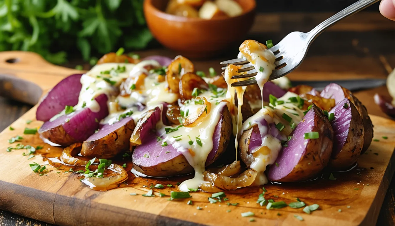savourez un délice de raclette revisité avec des oignons rouges caramélisés et des pommes de terre vitelottes, pour un plat gourmand et coloré qui ravira vos papilles.