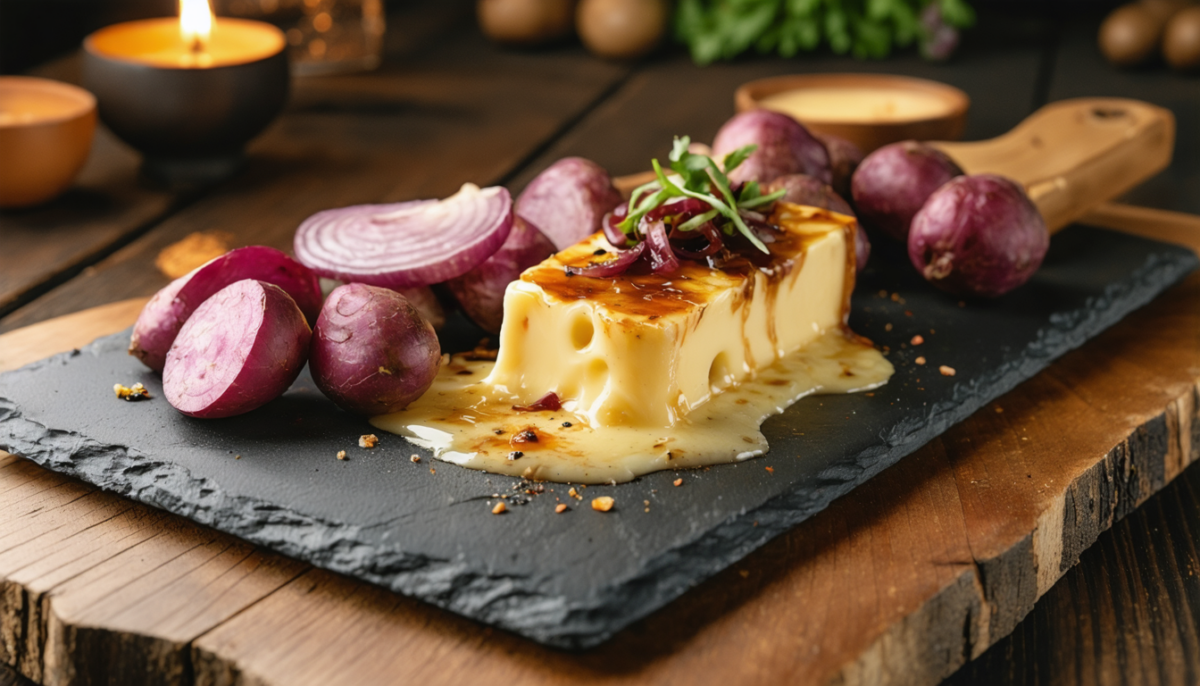 savourez un délice gourmand avec notre recette de raclette aux oignons rouges caramélisés et pommes de terre vitelottes, pour une expérience savoureuse et colorée.