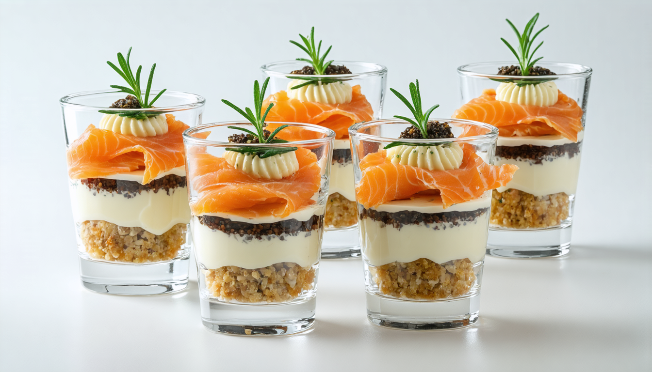 découvrez notre recette raffinée de verrines au saumon fumé, pain d’épices et fromage frais, une alliance parfaite pour une explosion de saveurs en bouche.