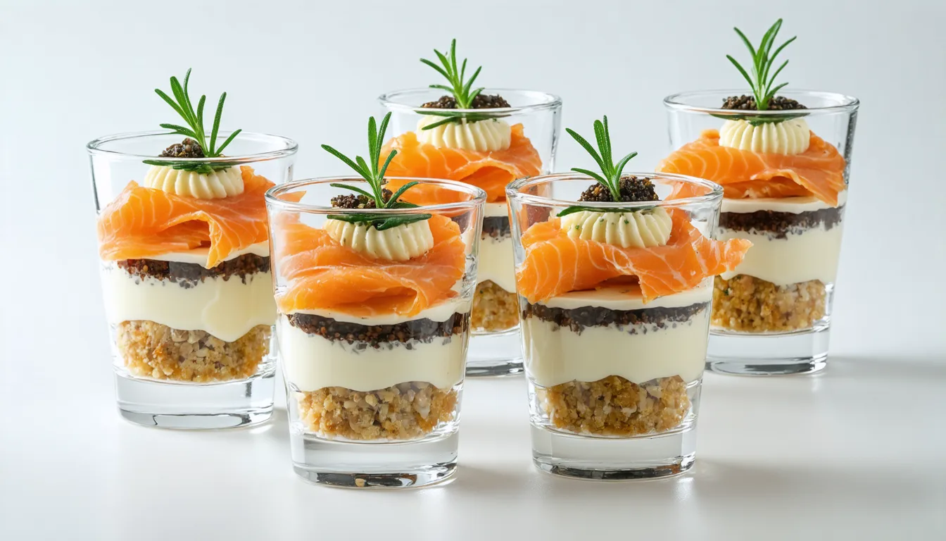 découvrez notre recette raffinée de verrines au saumon fumé, pain d’épices et fromage frais, une alliance parfaite pour une explosion de saveurs en bouche.