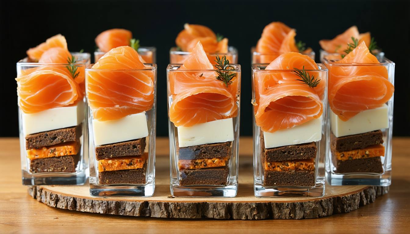 découvrez notre recette originale de verrines au saumon fumé, pain d’épices et fromage frais, alliant douceur et fraîcheur pour une explosion de saveurs en bouche.
