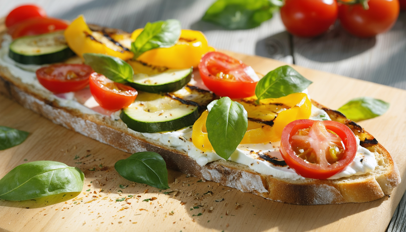 savourez un toast gourmand au fromage frais et légumes du soleil, une recette estivale fraîche et délicieuse parfaite pour vos repas légers.