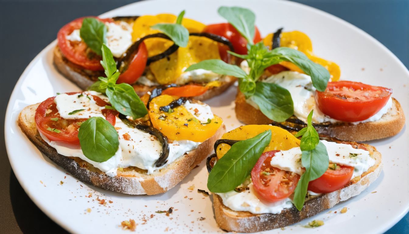 savourez un toast gourmand au fromage frais accompagné de légumes du soleil, une recette fraîche et estivale parfaite pour vos repas légers.