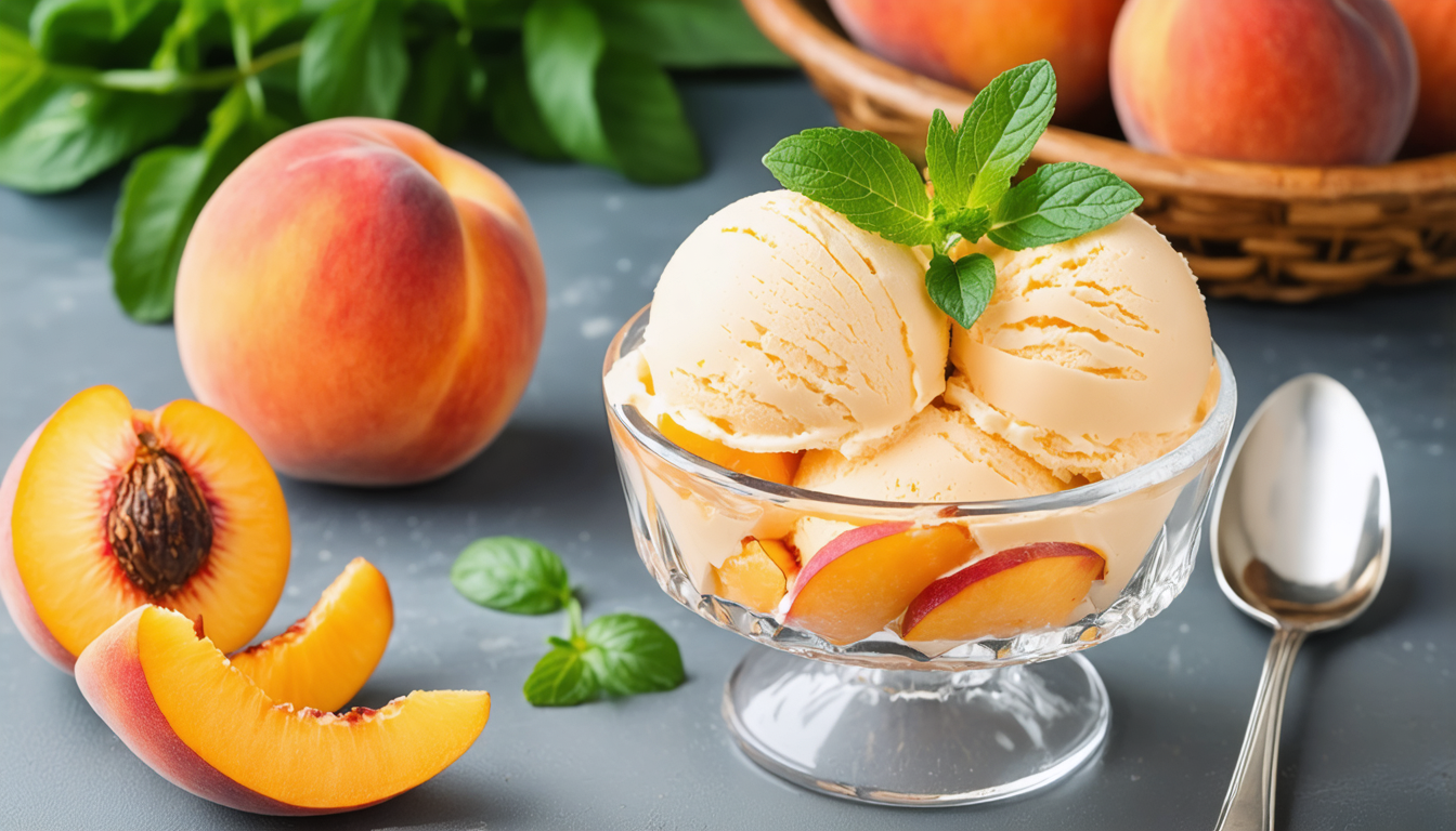 savourez un délice estival avec notre crème glacée légère aux pêches juteuses et au fromage frais onctueux, une douceur rafraîchissante parfaite pour l'été.