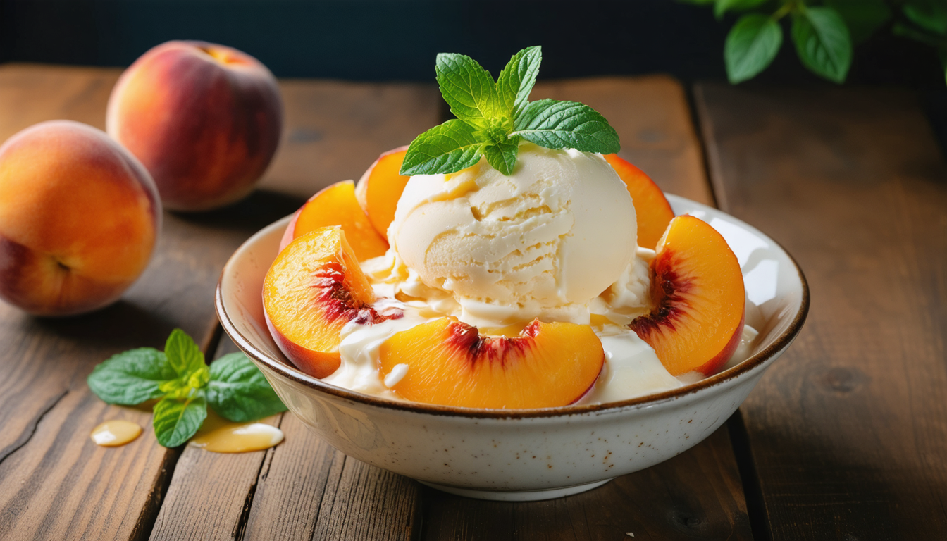 savourez l'été avec notre crème glacée légère aux pêches juteuses et au fromage frais onctueux, une gourmandise rafraîchissante et délicieuse.