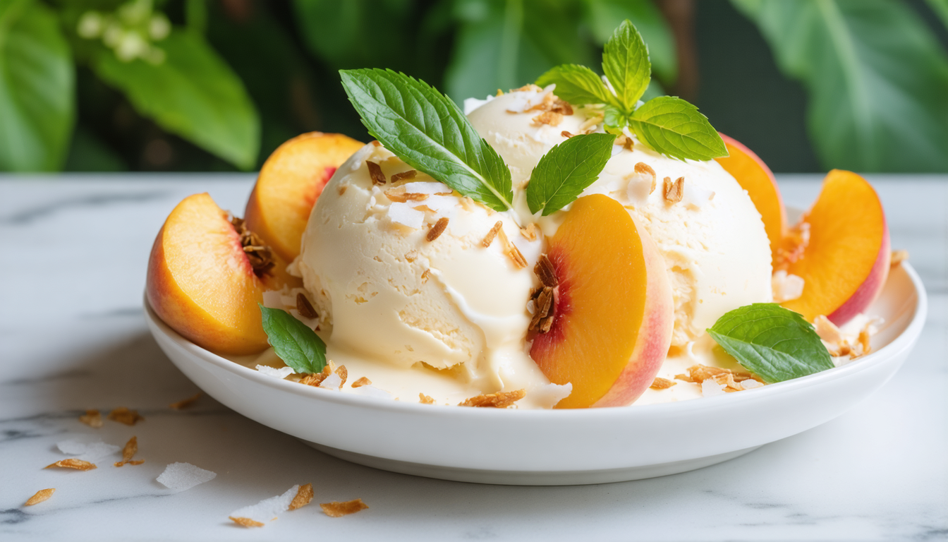savourez un délice estival avec notre crème glacée légère aux pêches juteuses et au fromage frais onctueux, parfaite pour rafraîchir vos journées ensoleillées.