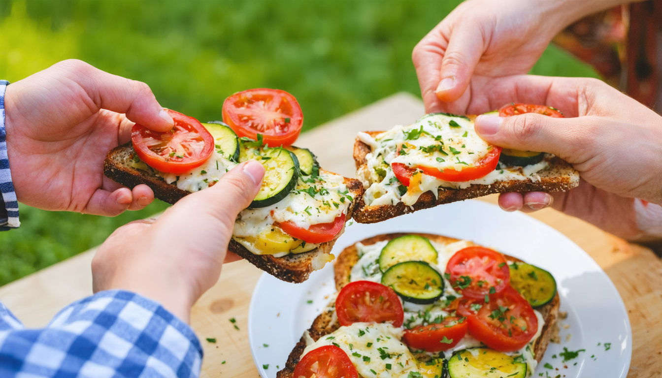savourez un toast estival gourmand alliant tomates fraîches, courgettes croquantes et fromage fondant pour un repas léger et plein de saveurs.