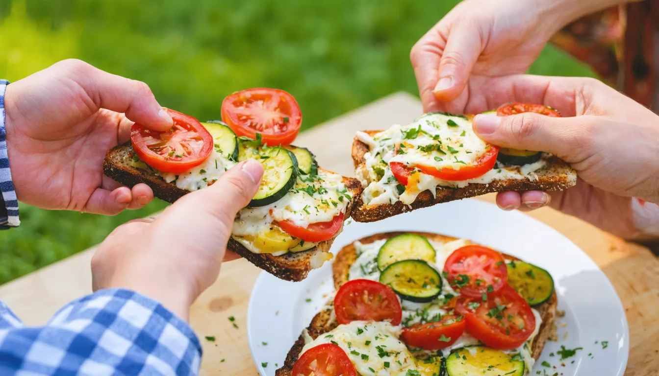 savourez un toast estival gourmand alliant tomates fraîches, courgettes croquantes et fromage fondant pour un repas léger et plein de saveurs.